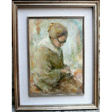 QUADRO DIPINTO OLIO TELA G. Bianchetti ANZIANA DONNA che CUCE RITRATTO FIGURA  