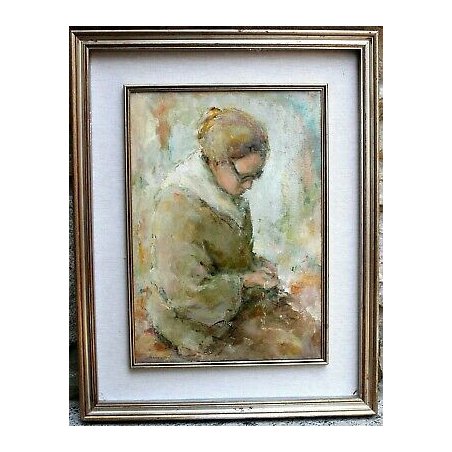 QUADRO DIPINTO OLIO TELA G. Bianchetti ANZIANA DONNA che CUCE RITRATTO FIGURA  