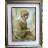 QUADRO DIPINTO OLIO TELA G. Bianchetti ANZIANA DONNA che CUCE RITRATTO FIGURA  