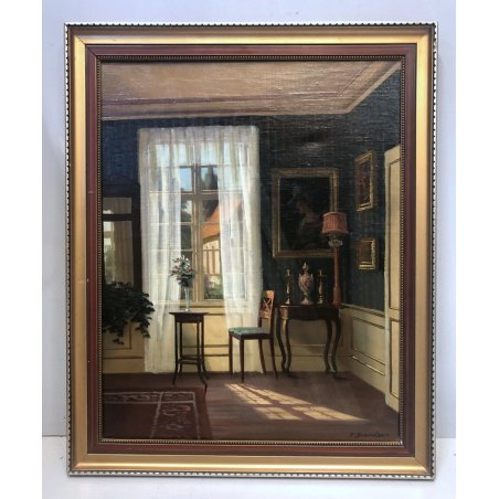 ANTICO QUADRO DIPINTO OLIO TELA F. Svendsen INTERIOR SCENES INTERNO con FINESTRA