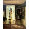 ANTICO QUADRO DIPINTO OLIO TELA F. Svendsen INTERIOR SCENES INTERNO con FINESTRA