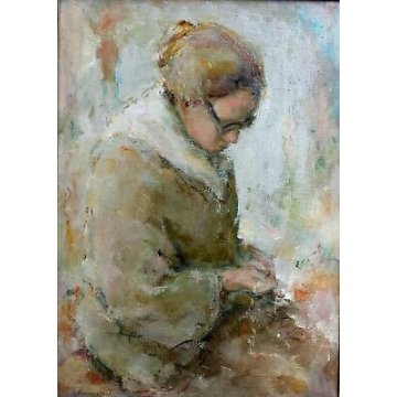 QUADRO DIPINTO OLIO TELA G. Bianchetti ANZIANA DONNA che CUCE RITRATTO FIGURA  