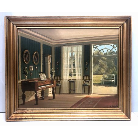 ANTICO QUADRO DIPINTO OLIO TELA F. Svendsen INTERIOR SCENES INTERNO PIANOFORTE