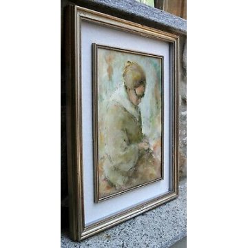 QUADRO DIPINTO OLIO TELA G. Bianchetti ANZIANA DONNA che CUCE RITRATTO FIGURA  