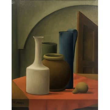 QUADRO OLIO TELA Roberto Masi NATURA MORTA VASI PRIMITIVISMO