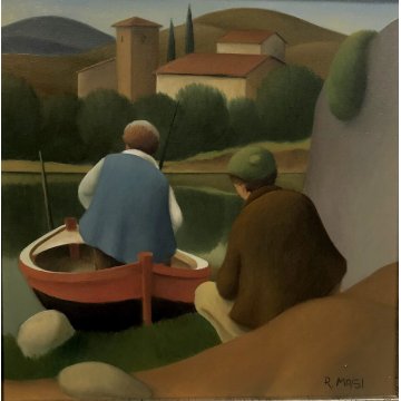 QUADRO OLIO TELA Roberto Masi PAESAGGIO CON BARCHE PESCATORI PRIMITIVISMO '900