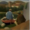 QUADRO OLIO TELA Roberto Masi PAESAGGIO CON BARCHE PESCATORI PRIMITIVISMO '900