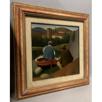 QUADRO OLIO TELA Roberto Masi PAESAGGIO CON BARCHE PESCATORI PRIMITIVISMO '900
