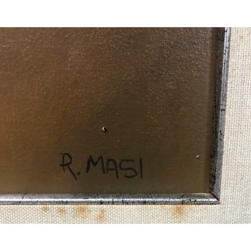 QUADRO OLIO TELA Roberto Masi PAESAGGIO CON BARCHE PESCATORI PRIMITIVISMO '900