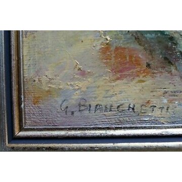 QUADRO DIPINTO OLIO TELA G. Bianchetti ANZIANA DONNA che CUCE RITRATTO FIGURA  