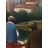 QUADRO OLIO TELA Roberto Masi PAESAGGIO CON BARCHE PESCATORI PRIMITIVISMO '900