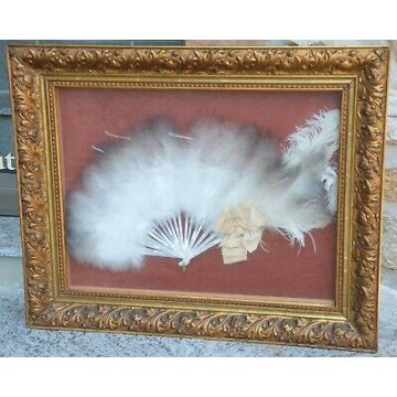 QUADRO ANTICO VENTAGLIO MADREPERLA PIUME DI STRUZZO '900 OLD HAND FAN  EVENTAIL