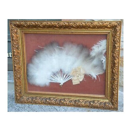 QUADRO ANTICO VENTAGLIO MADREPERLA PIUME DI STRUZZO '900 OLD HAND FAN EVENTAIL