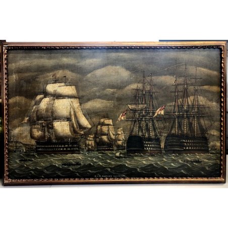 ANTICO GRANDE DIPINTO OLIO TELA Sir C. Napier BATTAGLIA NAVALE GALEONI VELIERI