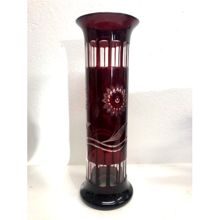 ANTICO VASO CILINDRO CRISTALLO BOEMIA ROSSO RUBINO DECORO CUT to CLEAR ART DECO'