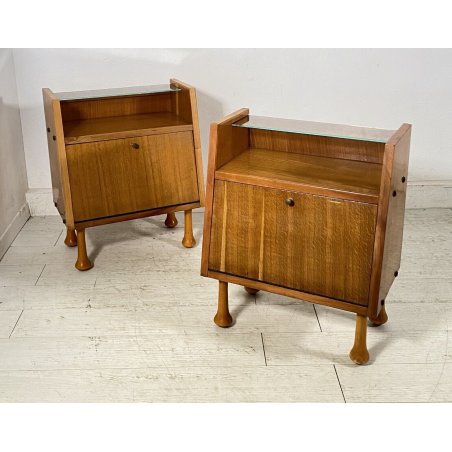 COPPIA COMODINO DESIGN ANNI 60 ANTA VETRO LEGNO GAMBA GOCCIA VINTAGE CREDENZA