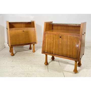 COPPIA COMODINO DESIGN ANNI 60 ANTA VETRO LEGNO GAMBA GOCCIA VINTAGE CREDENZA