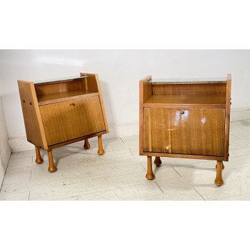 COPPIA COMODINO DESIGN ANNI 60 ANTA VETRO LEGNO GAMBA GOCCIA VINTAGE CREDENZA