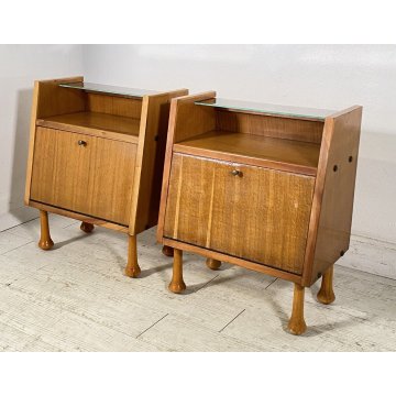 COPPIA COMODINO DESIGN ANNI 60 ANTA VETRO LEGNO GAMBA GOCCIA VINTAGE CREDENZA