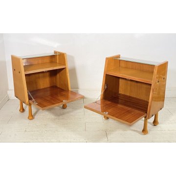 COPPIA COMODINO DESIGN ANNI 60 ANTA VETRO LEGNO GAMBA GOCCIA VINTAGE CREDENZA