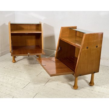 COPPIA COMODINO DESIGN ANNI 60 ANTA VETRO LEGNO GAMBA GOCCIA VINTAGE CREDENZA