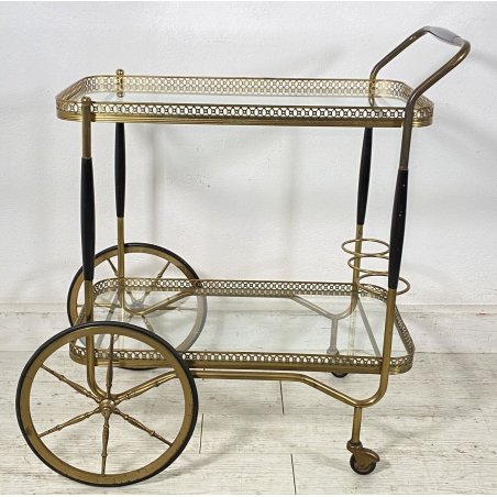 ANTICO CARRELLO BAR DESIGN PORTAVIVANDE ANNI 50 LEGNO OTTONE CARRELLINO VASSOIO