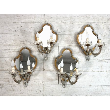 LOTTO 4 APPLIQUE PARETE VINTAGE SPECCHIO VENEZIANO VETRO MURANO CRISTALLO 2 LUMI