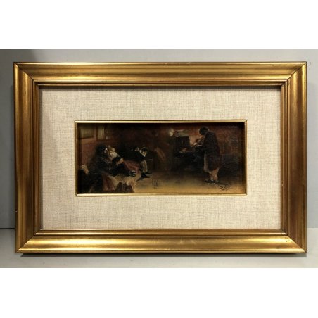 ANTICO DIPINTO OLIO SCENA GENERE INTERNO LOCANDA MUSICISTI COMPAGNIA EPOCA '800