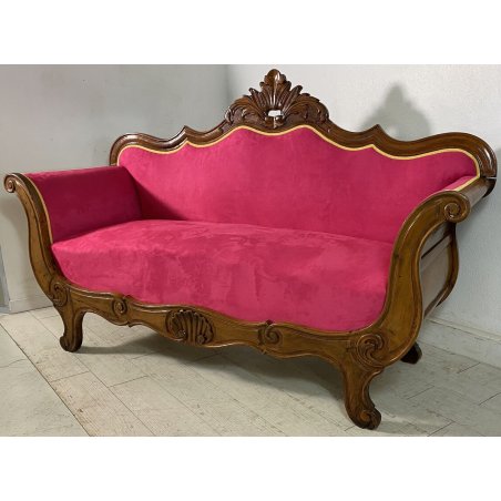 ANTICO DIVANO A BARCA LUIGI FILIPPO 1800 STOFFA BORDEAUX LEGNO NOCE SOFA EPOCA