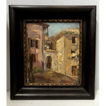 ANTICO QUADRO OLIO TAVOLA MATERICO SCORCIO BORGO PAESAGGIO IMPRESSIONISTA FIRMA