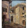 ANTICO QUADRO OLIO TAVOLA MATERICO SCORCIO BORGO PAESAGGIO IMPRESSIONISTA FIRMA