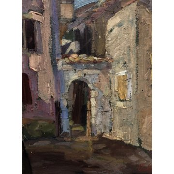 ANTICO QUADRO OLIO TAVOLA MATERICO SCORCIO BORGO PAESAGGIO IMPRESSIONISTA FIRMA