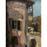 ANTICO QUADRO OLIO TAVOLA MATERICO SCORCIO BORGO PAESAGGIO IMPRESSIONISTA FIRMA