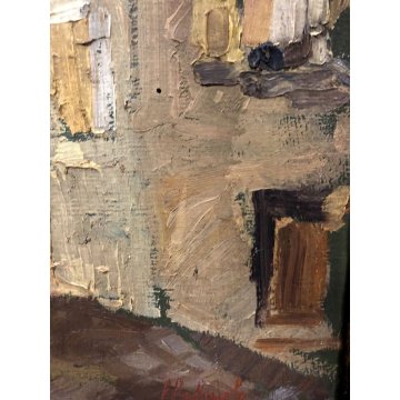 ANTICO QUADRO OLIO TAVOLA MATERICO SCORCIO BORGO PAESAGGIO IMPRESSIONISTA FIRMA