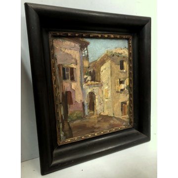 ANTICO QUADRO OLIO TAVOLA MATERICO SCORCIO BORGO PAESAGGIO IMPRESSIONISTA FIRMA