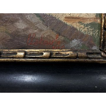 ANTICO QUADRO OLIO TAVOLA MATERICO SCORCIO BORGO PAESAGGIO IMPRESSIONISTA FIRMA
