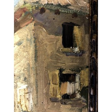 ANTICO QUADRO OLIO TAVOLA MATERICO SCORCIO BORGO PAESAGGIO IMPRESSIONISTA FIRMA