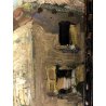 ANTICO QUADRO OLIO TAVOLA MATERICO SCORCIO BORGO PAESAGGIO IMPRESSIONISTA FIRMA