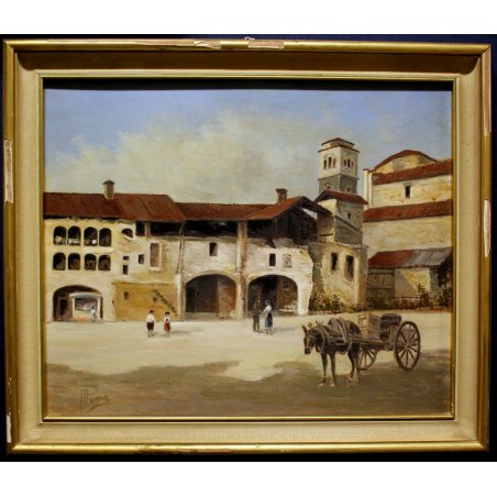 ANTICO QUADRO OLIO TAVOLA A. Poma PAESAGGIO VEDUTA BORGOSESIA P.za MAZZINI 1900