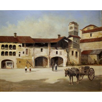ANTICO QUADRO OLIO TAVOLA A. Poma PAESAGGIO VEDUTA BORGOSESIA P.za MAZZINI 1900