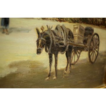 ANTICO QUADRO OLIO TAVOLA A. Poma PAESAGGIO VEDUTA BORGOSESIA P.za MAZZINI 1900