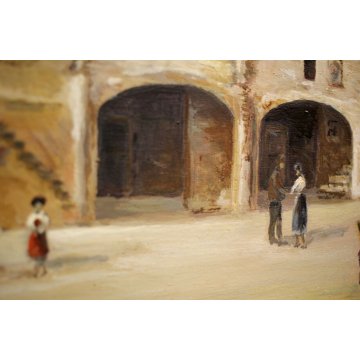 ANTICO QUADRO OLIO TAVOLA A. Poma PAESAGGIO VEDUTA BORGOSESIA P.za MAZZINI 1900