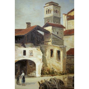 ANTICO QUADRO OLIO TAVOLA A. Poma PAESAGGIO VEDUTA BORGOSESIA P.za MAZZINI 1900