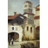 ANTICO QUADRO OLIO TAVOLA A. Poma PAESAGGIO VEDUTA BORGOSESIA P.za MAZZINI 1900
