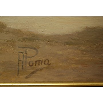ANTICO QUADRO OLIO TAVOLA A. Poma PAESAGGIO VEDUTA BORGOSESIA P.za MAZZINI 1900
