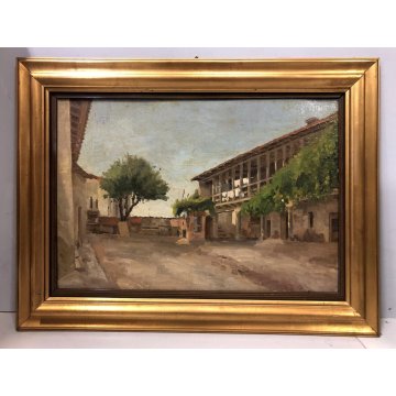 ANTICO DIPINTO OLIO TAVOLA PAESAGGIO CAMPAGNA CASALE BALLATOIO CORTE CORTILE 900