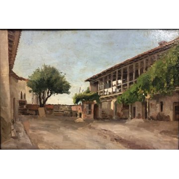 ANTICO DIPINTO OLIO TAVOLA PAESAGGIO CAMPAGNA CASALE BALLATOIO CORTE CORTILE 900