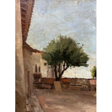 ANTICO DIPINTO OLIO TAVOLA PAESAGGIO CAMPAGNA CASALE BALLATOIO CORTE CORTILE 900