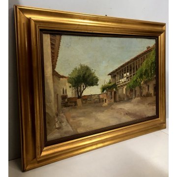 ANTICO DIPINTO OLIO TAVOLA PAESAGGIO CAMPAGNA CASALE BALLATOIO CORTE CORTILE 900