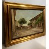 ANTICO DIPINTO OLIO TAVOLA PAESAGGIO CAMPAGNA CASALE BALLATOIO CORTE CORTILE 900